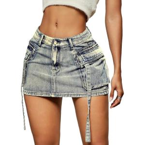imageVerdusa Womens Casual Street Low Waist Tape Denim Cargo Mini Skirt with Flap PocketLight Wash Blue