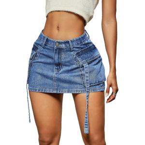 imageVerdusa Womens Casual Street Low Waist Tape Denim Cargo Mini Skirt with Flap PocketMedium Wash
