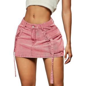 imageVerdusa Womens Casual Street Low Waist Tape Denim Cargo Mini Skirt with Flap PocketPink
