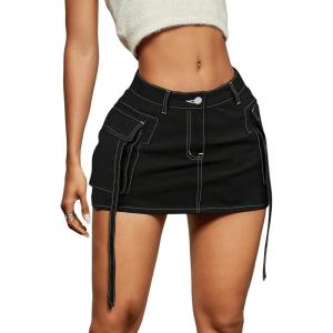 imageVerdusa Womens Casual Street Low Waist Tape Denim Cargo Mini Skirt with Flap PocketSolid Black