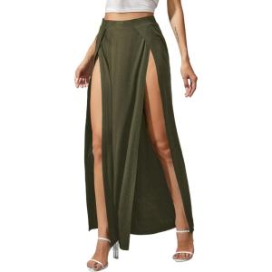 imageVerdusa Womens Elastic Waist High Split Wrap Flowy Long Maxi SkirtArmy Green