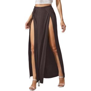 imageVerdusa Womens Elastic Waist High Split Wrap Flowy Long Maxi SkirtBrown