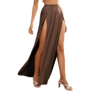 imageVerdusa Womens Elastic Waist High Split Wrap Flowy Long Maxi SkirtMocha Brown