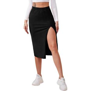 imageVerdusa Womens Elastic Waist Split Thigh Pencil Bodycon Midi SkirtBlack