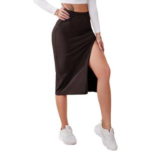 imageVerdusa Womens Elastic Waist Split Thigh Pencil Bodycon Midi SkirtCoffee