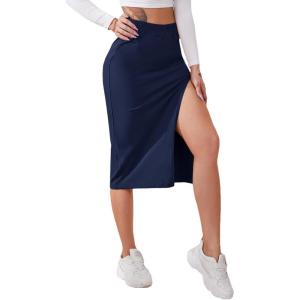 imageVerdusa Womens Elastic Waist Split Thigh Pencil Bodycon Midi SkirtNavy