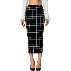 imageVerdusa Womens Elegant Plaid Elastic Waist Bodycon Midi SkirtBlack