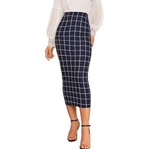 imageVerdusa Womens Elegant Plaid Elastic Waist Bodycon Midi SkirtDark Blue