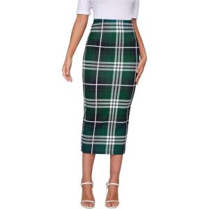 imageVerdusa Womens Elegant Plaid Elastic Waist Bodycon Midi SkirtGreen Tartan