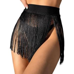 imageVerdusa Womens Fringe Trim High Waisted Mini Skirts Cover UpBlack