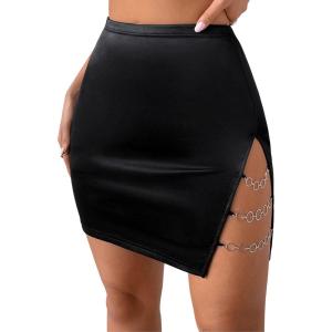 imageVerdusa Womens High Waist Chain Solid Slit Hem Satin Pencil Bodycon Mini SkirtBlack