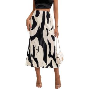 imageVerdusa Womens High Waist Graphic Print A Line Pleated Long SkirtBlack White