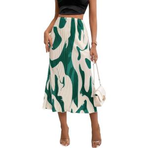 imageVerdusa Womens High Waist Graphic Print A Line Pleated Long SkirtGreen