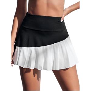 imageVerdusa Womens Pleated Mini Skirts Uniform High Waisted A Line Skorts Preppy Colorblock SkirtBlack and White