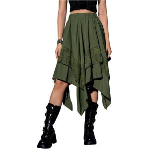 imageVerdusa Womens Renaissance Flowy Fairy Skirt Y2k Contrast Lace Layered Asymmetrical Midi SkirtsArmy Green