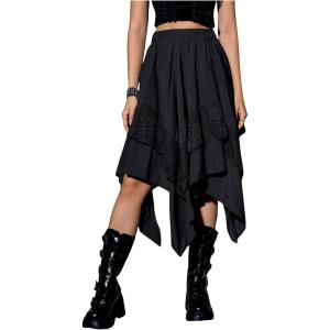 imageVerdusa Womens Renaissance Flowy Fairy Skirt Y2k Contrast Lace Layered Asymmetrical Midi SkirtsBlack