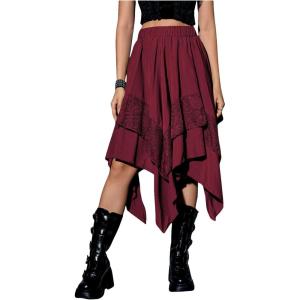 imageVerdusa Womens Renaissance Flowy Fairy Skirt Y2k Contrast Lace Layered Asymmetrical Midi SkirtsBurgundy