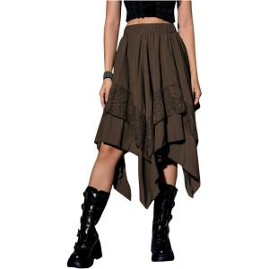 imageVerdusa Womens Renaissance Flowy Fairy Skirt Y2k Contrast Lace Layered Asymmetrical Midi SkirtsCoffee Brown
