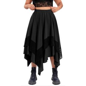 imageVerdusa Womens Renaissance Flowy Fairy Skirt Y2k Contrast Lace Layered Asymmetrical Midi SkirtsDark Black