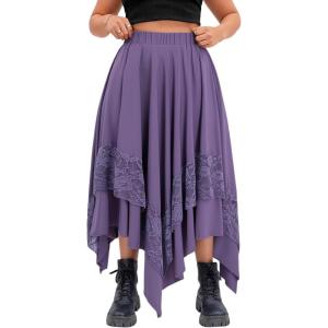 imageVerdusa Womens Renaissance Flowy Fairy Skirt Y2k Contrast Lace Layered Asymmetrical Midi SkirtsDark Purple