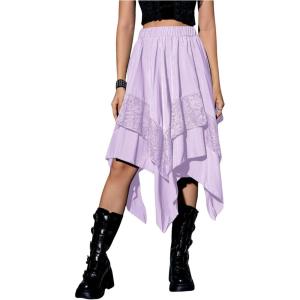 imageVerdusa Womens Renaissance Flowy Fairy Skirt Y2k Contrast Lace Layered Asymmetrical Midi SkirtsFloral Light Purple