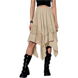 imageVerdusa Womens Renaissance Flowy Fairy Skirt Y2k Contrast Lace Layered Asymmetrical Midi SkirtsKhaki