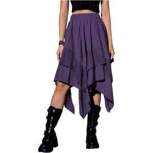 imageVerdusa Womens Renaissance Flowy Fairy Skirt Y2k Contrast Lace Layered Asymmetrical Midi SkirtsLight Purple