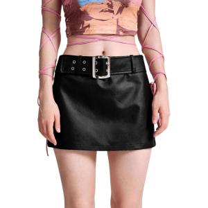 imageVerdusa Womens Y2K Buckle Belted High Waist Short PU Leather SkirtBlack