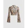 imageVerdusa Womens Bell Sleeve Lettuce Trim Mock Neck Floral Mesh Top Crop T ShirtBlack