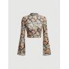 imageVerdusa Womens Bell Sleeve Lettuce Trim Mock Neck Floral Mesh Top Crop T ShirtBlack