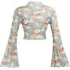 imageVerdusa Womens Bell Sleeve Lettuce Trim Mock Neck Floral Mesh Top Crop T ShirtBlue