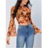 imageVerdusa Womens Bell Sleeve Lettuce Trim Mock Neck Floral Mesh Top Crop T ShirtOrange
