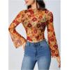imageVerdusa Womens Bell Sleeve Lettuce Trim Mock Neck Floral Mesh Top Crop T ShirtOrange