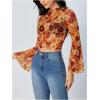 imageVerdusa Womens Bell Sleeve Lettuce Trim Mock Neck Floral Mesh Top Crop T ShirtOrange