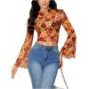 imageVerdusa Womens Bell Sleeve Lettuce Trim Mock Neck Floral Mesh Top Crop T ShirtOrange