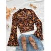 imageVerdusa Womens Bell Sleeve Lettuce Trim Mock Neck Floral Mesh Top Crop T ShirtOrange Black