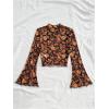 imageVerdusa Womens Bell Sleeve Lettuce Trim Mock Neck Floral Mesh Top Crop T ShirtOrange Black