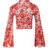 imageVerdusa Womens Bell Sleeve Lettuce Trim Mock Neck Floral Mesh Top Crop T ShirtOrange Pink
