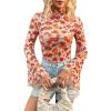 imageVerdusa Womens Bell Sleeve Lettuce Trim Mock Neck Floral Mesh Top Crop T ShirtRed Multi