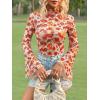 imageVerdusa Womens Bell Sleeve Lettuce Trim Mock Neck Floral Mesh Top Crop T ShirtRed Multi