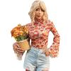 imageVerdusa Womens Bell Sleeve Lettuce Trim Mock Neck Floral Mesh Top Crop T ShirtRed Multi