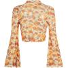 imageVerdusa Womens Bell Sleeve Lettuce Trim Mock Neck Floral Mesh Top Crop T ShirtYellow Sunflower