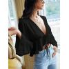 imageVerdusa Womens Bell Sleeve Tie Front Ruffle Hem Peplum Blouse Shirt Crop TopBlack