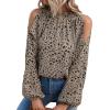 imageVerdusa Womens Cold Shoulder Bishop Sleeve Floral Print Blouse Shirt TopKhaki