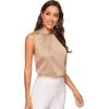 imageVerdusa Womens Elegant Tie Back Sleeveless Pleated Mock Neck Satin Blouse TopKhaki