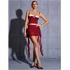 imageVerdusa Womens Ruched Ruffle Trim Asymmetrical Bodycon Mini Mesh SkirtDark Red