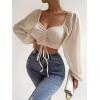 imageVerdusa Womens Sweetheart Neck Drawstring Ruched Lantern Sleeve Crop Top BlouseBeige