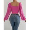 imageVerdusa Womens Sweetheart Neck Drawstring Ruched Lantern Sleeve Crop Top BlouseHot Pink