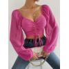 imageVerdusa Womens Sweetheart Neck Drawstring Ruched Lantern Sleeve Crop Top BlouseHot Pink