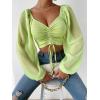 imageVerdusa Womens Sweetheart Neck Drawstring Ruched Lantern Sleeve Crop Top BlouseLime Green